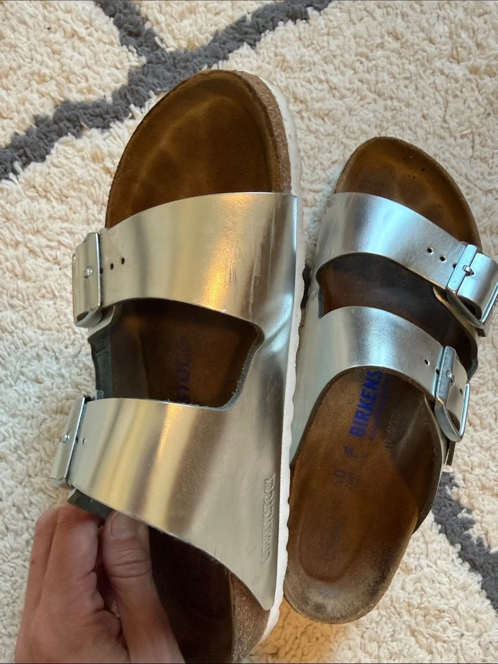 Birkenstock Silver Two-Strap Arizona Sandals